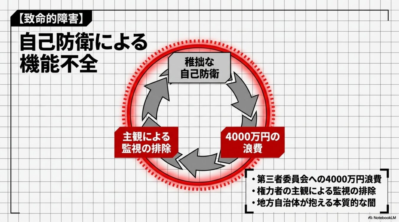 自己防衛による機能不全の構造図。稚拙な自己防衛、主観による監視の排除、4000万円の浪費が循環する悪循環の仕組み。
