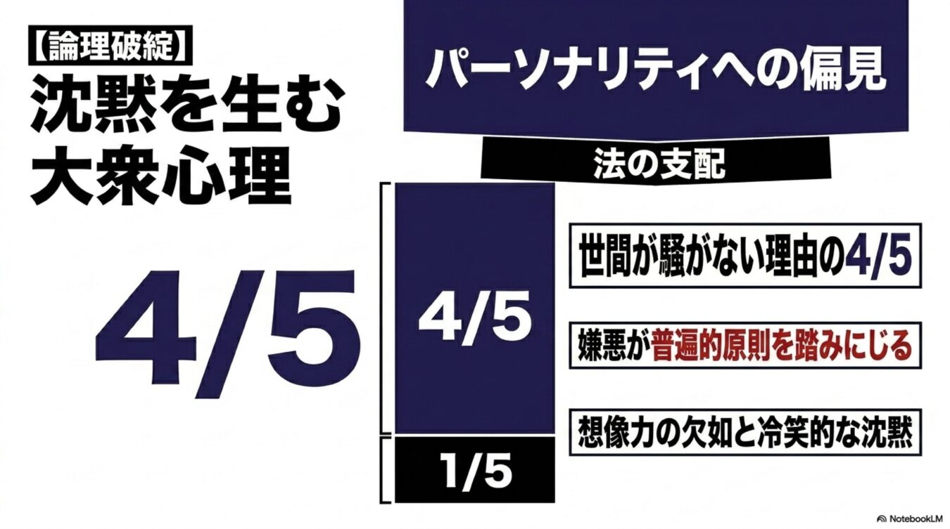 論理破綻した大衆心理と沈黙について解説する図。パーソナリティへの偏見、法の支配、世間が騒がない理由、想像力の欠如といった論点を4/5と1/5の比率で示している。