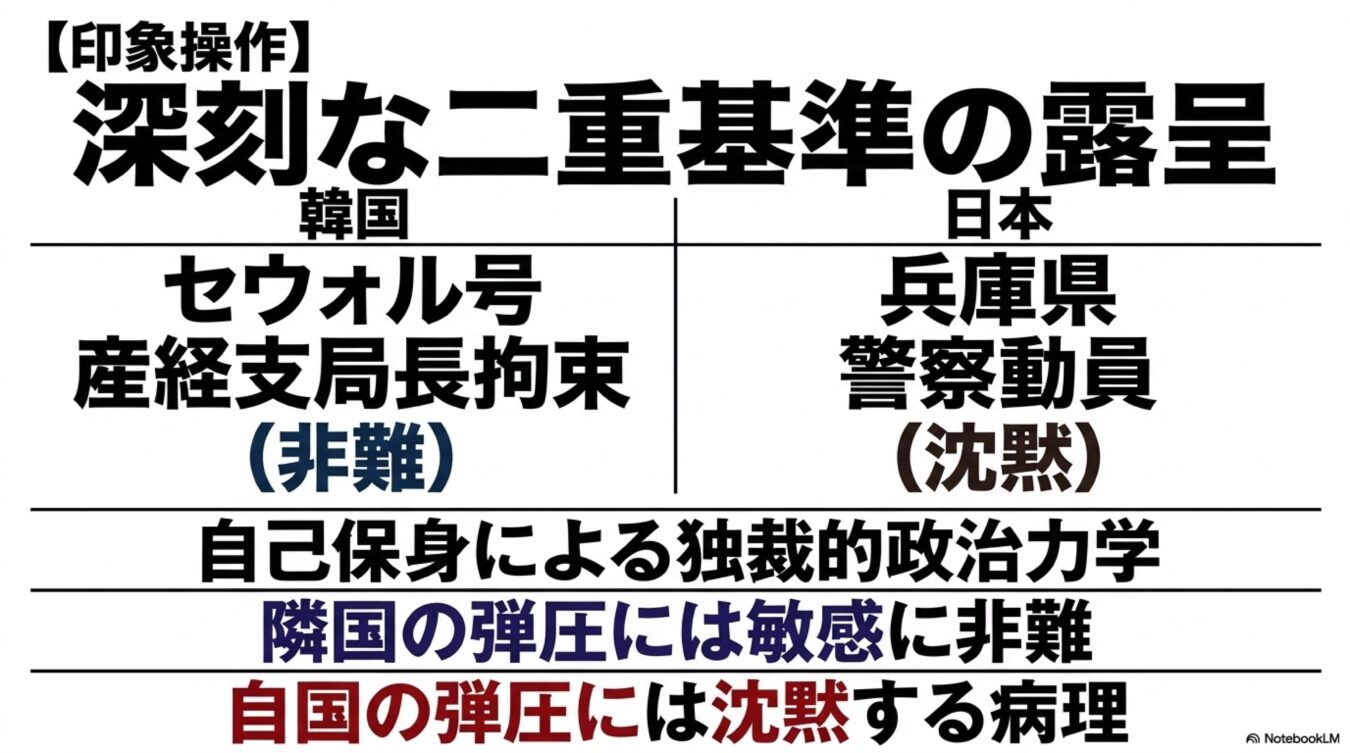 深刻な二重基準の露呈と題し、韓国の産経支局長拘束への非難と、日本の警察動員に対する沈黙を対比させた批判。