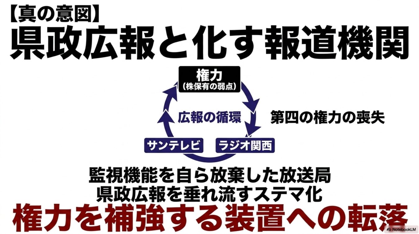 報道機関が県政広報と化し、権力を補強する装置へ転落している現状を、サンテレビとラジオ関西の循環図を用いて解説した図解。