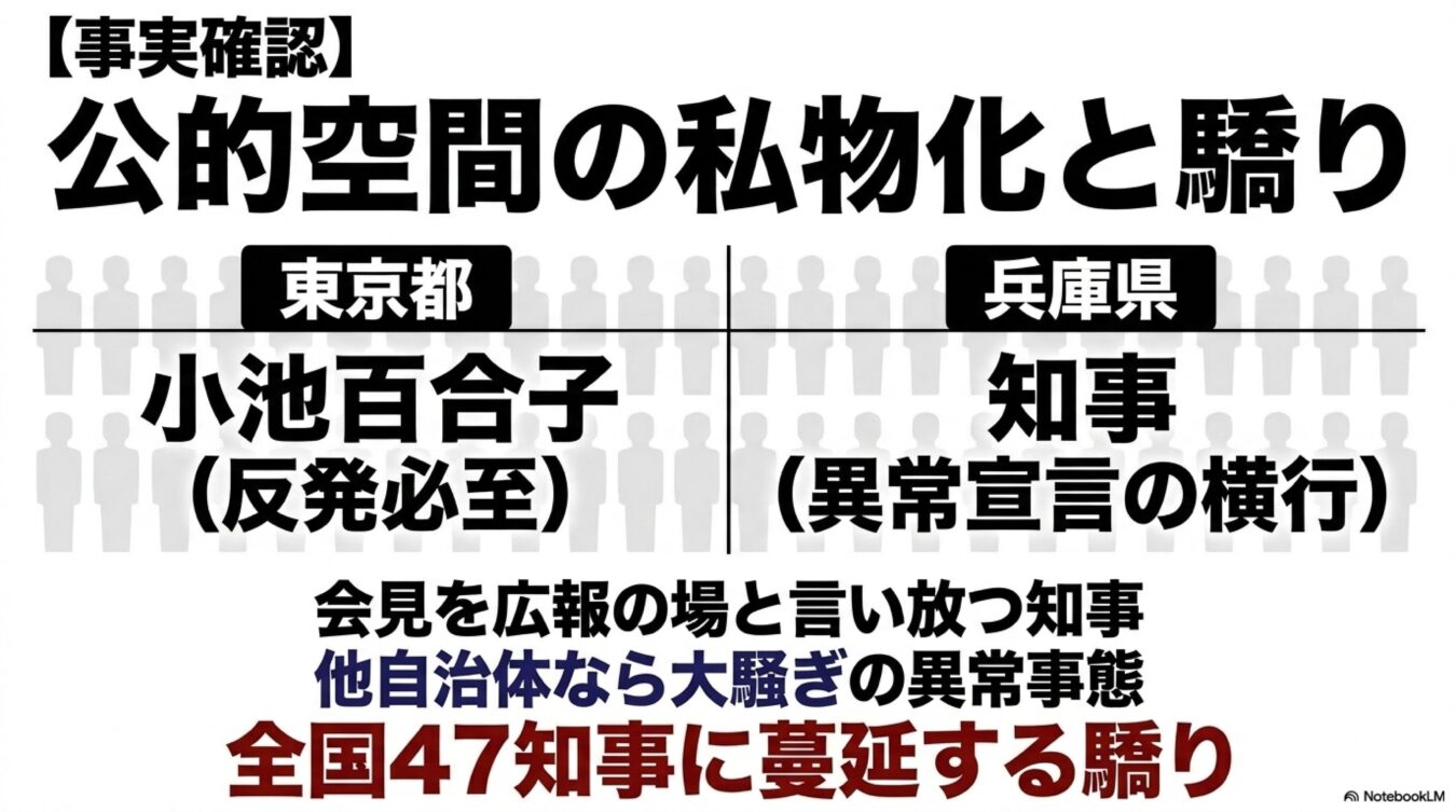 公的空間の私物化をテーマに、東京都と兵庫県の知事の対応を比較し、全国の知事に蔓延する自治体の私物化問題を批判的に指摘する図表。