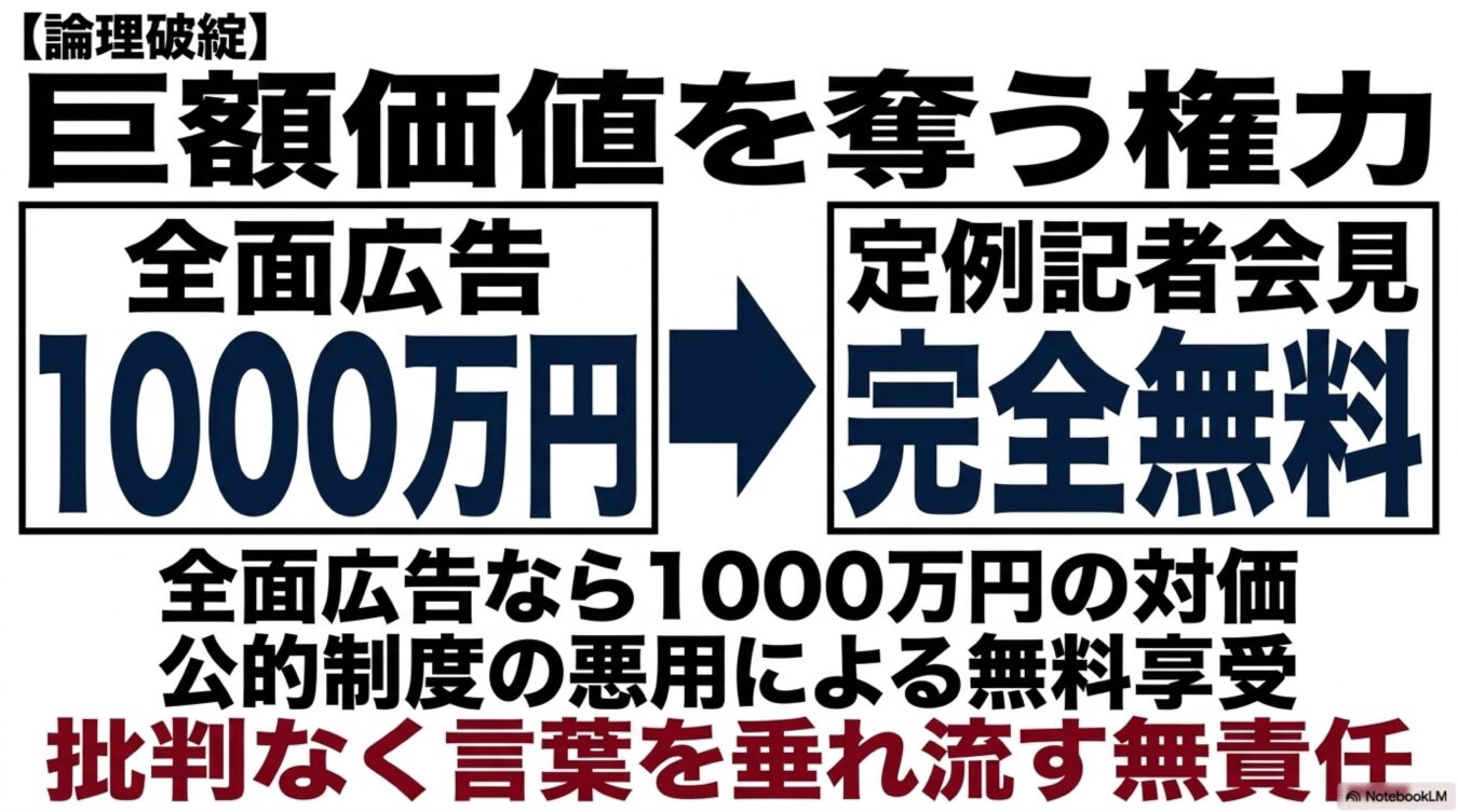 1000万円の全面広告と無料の定例記者会見を対比し、公的制度の悪用やメディアの無責任さを批判する解説。