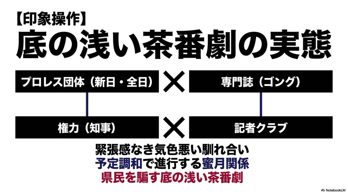 プロレス団体と専門誌、知事と記者クラブの癒着を印象操作や茶番劇として批判する図解。緊張感のない蜜月関係が県民を欺いていると主張する内容。