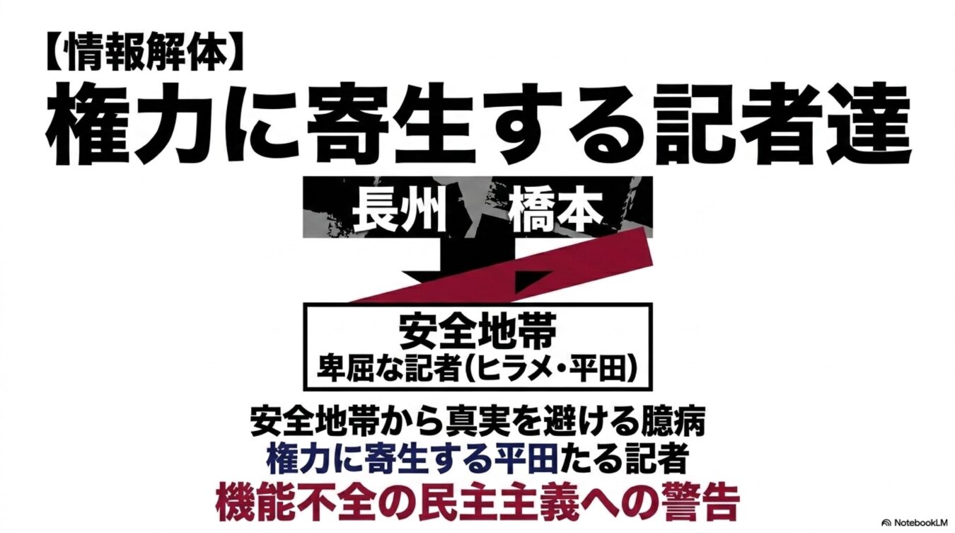 権力に寄生し安全地帯から真実を避ける記者たちを批判し、機能不全に陥った民主主義への警告を掲げたメッセージ画像。