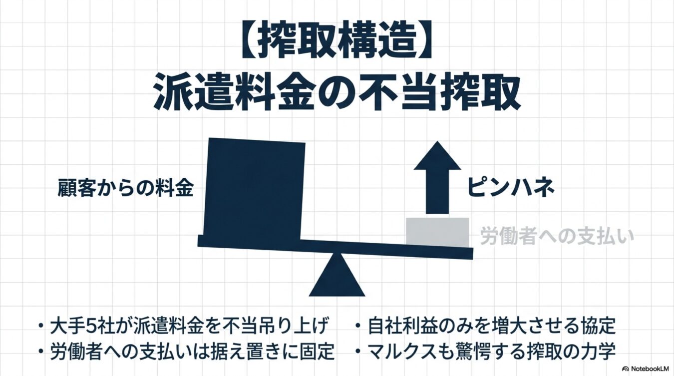 顧客からの料金に対し労働者への支払いが不当に低く抑えられ、差額がピンハネされる派遣料金の搾取構造を図解した資料。