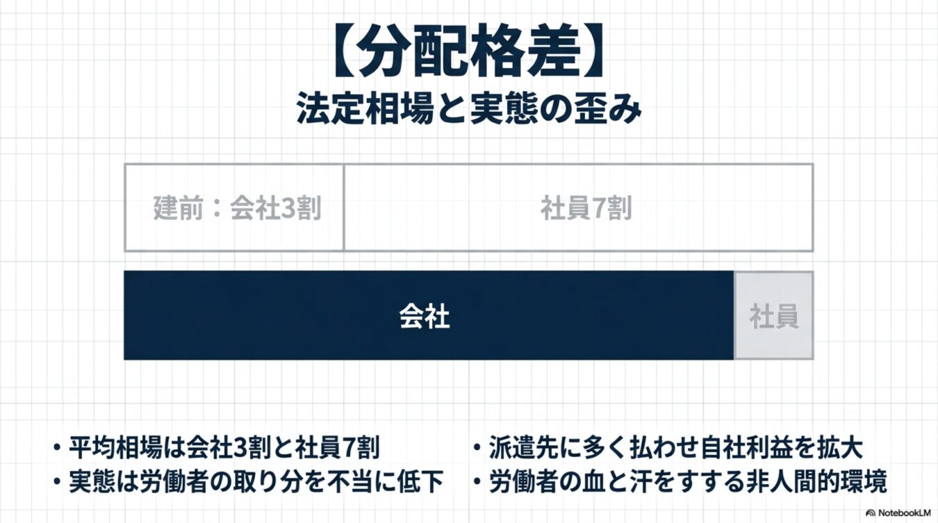 分配格差：法定相場では会社3割・社員7割とされる利益配分が、実態は会社が過剰に搾取し、労働者の取り分が不当に低下している現状を示す図