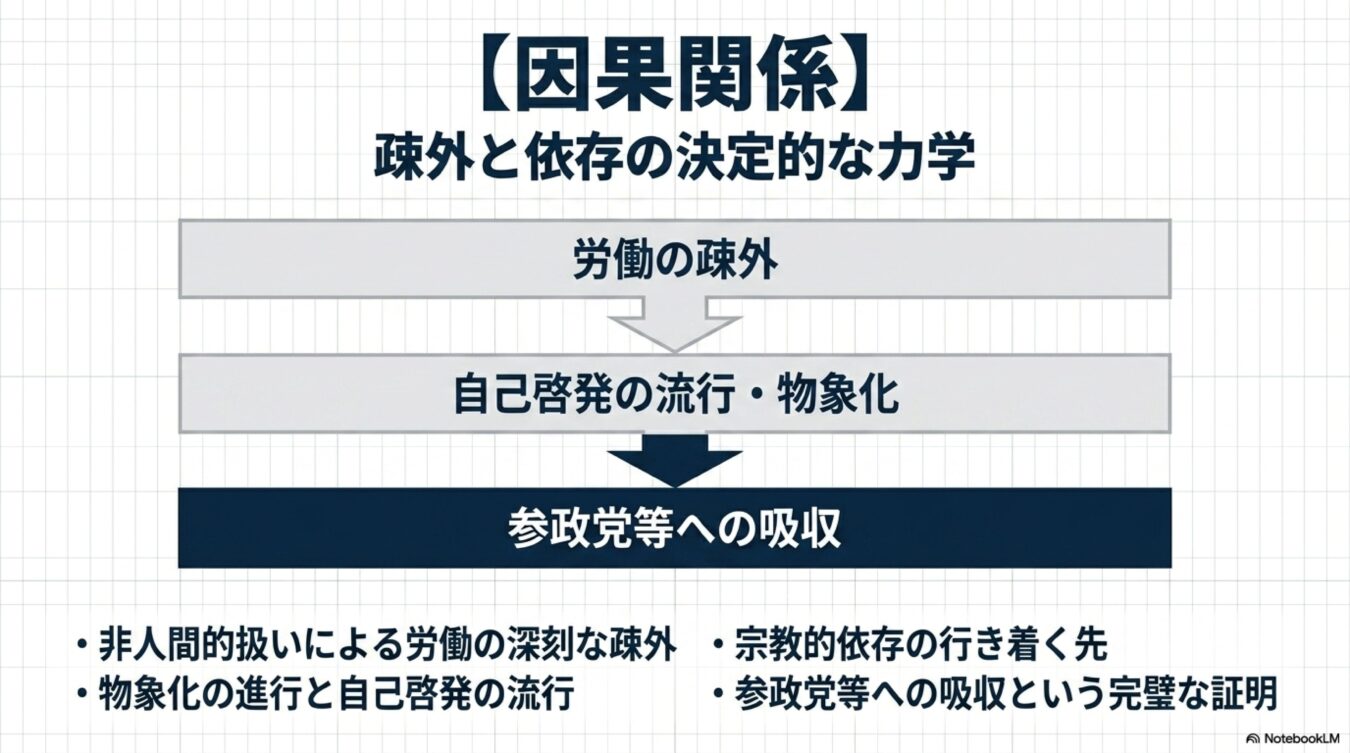労働の疎外から自己啓発の流行を経て、最終的に参政党等へ吸収されるという因果関係と、その背景にある社会的な力学を示した図解。