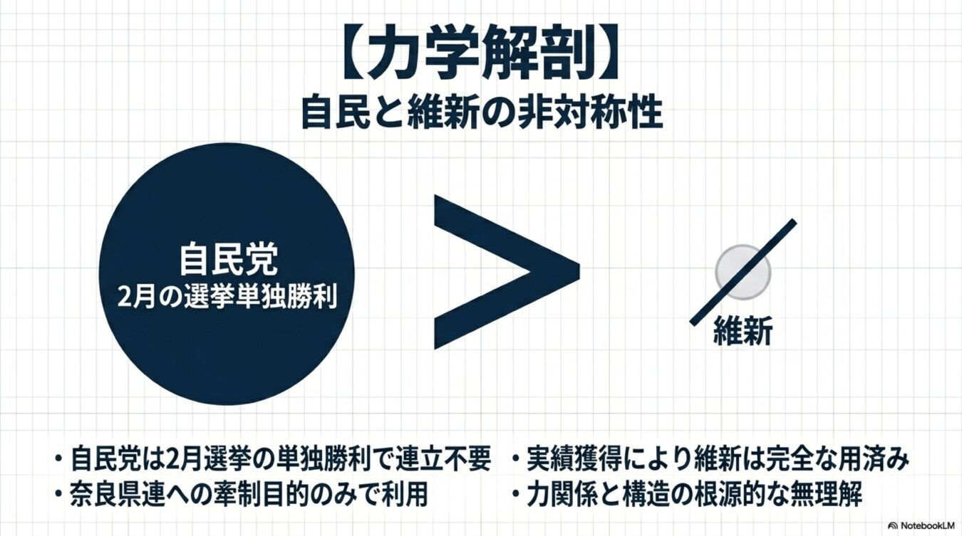自民党の単独勝利による連立不要な状況と、維新の利用価値が低下した力学構造を解説する図解。