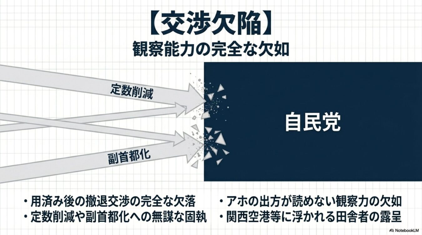 交渉欠陥：観察能力の完全な欠如と題し、定数削減や副首都化へ固執する姿勢を、自民党への批判として図解したインフォグラフィック。