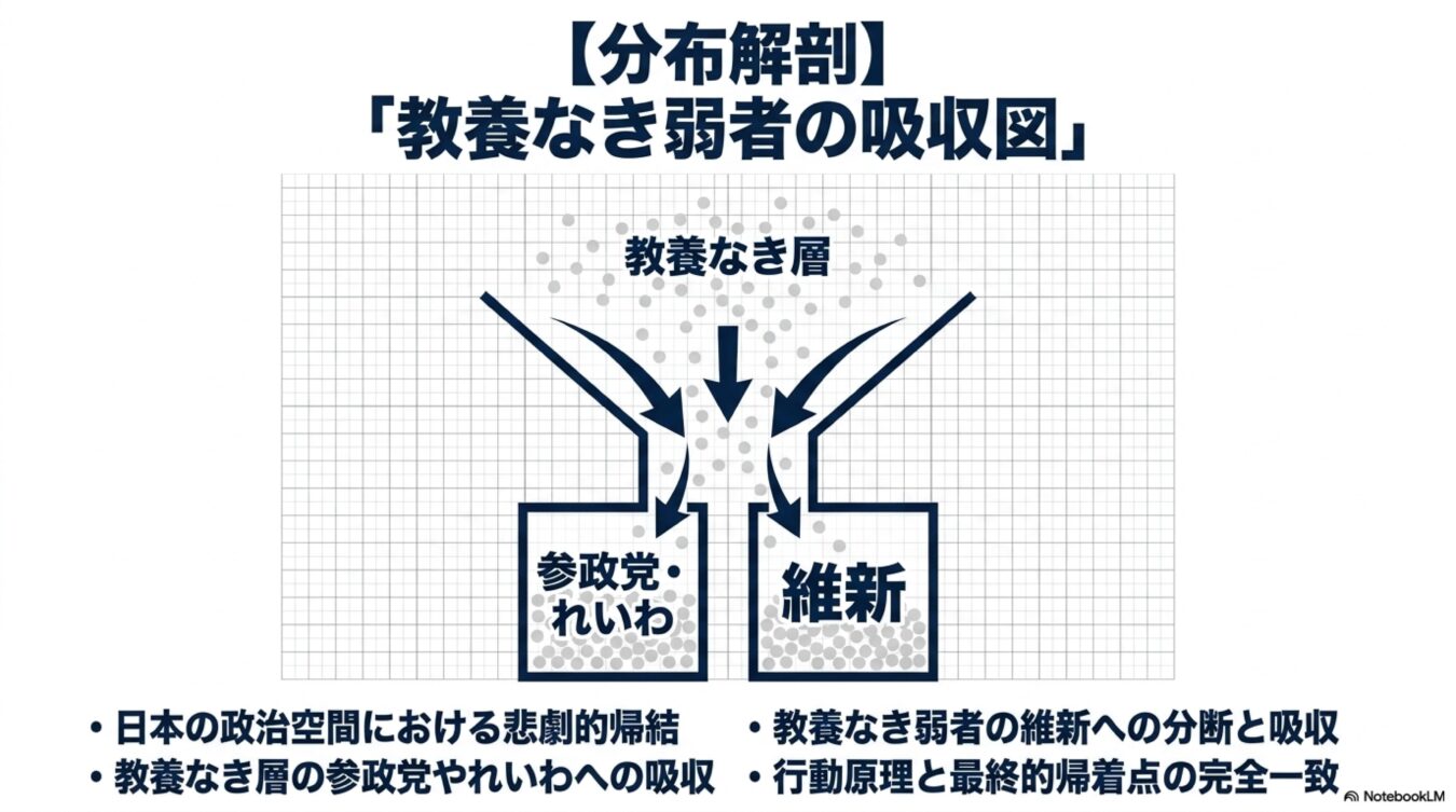 教養なき層が参政党・れいわ新選組と日本維新の会へ二分して吸収される様子を示す分布図。日本の政治的帰結についての考察。