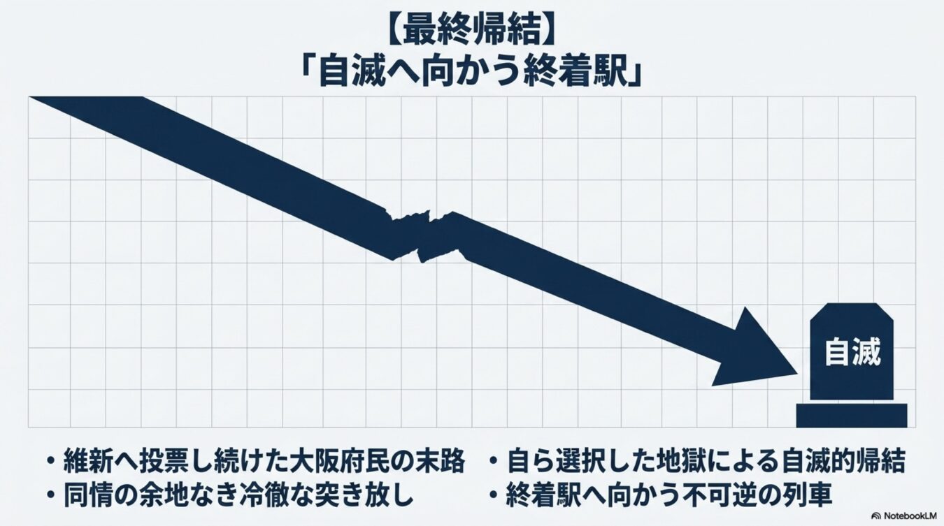 右肩下がりに折れ曲がる矢印が自滅と刻まれた墓標へ向かう図。維新政治を批判し、大阪の行く末を悲観的に描いた政治的な風刺画像。（58文字）