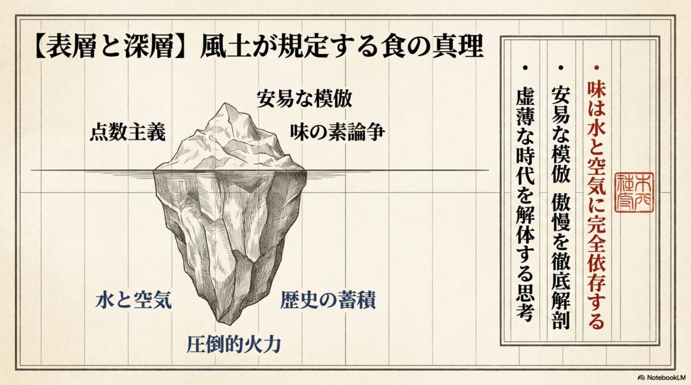 風土が規定する食の真理を、表層の点数主義や深層の水と空気などの項目で示した氷山モデルの図解。