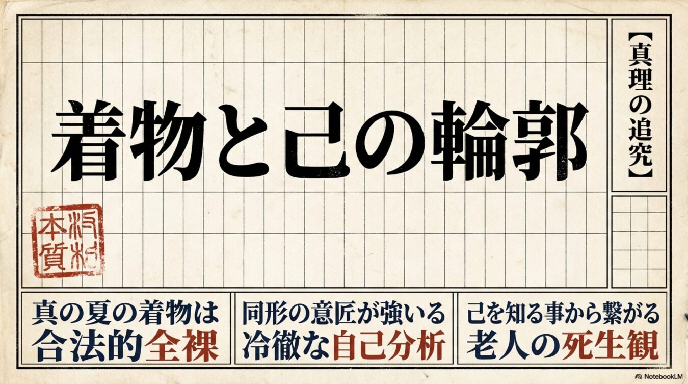 方眼紙背景に着物と己の輪郭の大きな文字と、真理の追究本質のスタンプ、ならびに着物、自己分析、死生観に関する考察文が記載された和風のグラフィック。