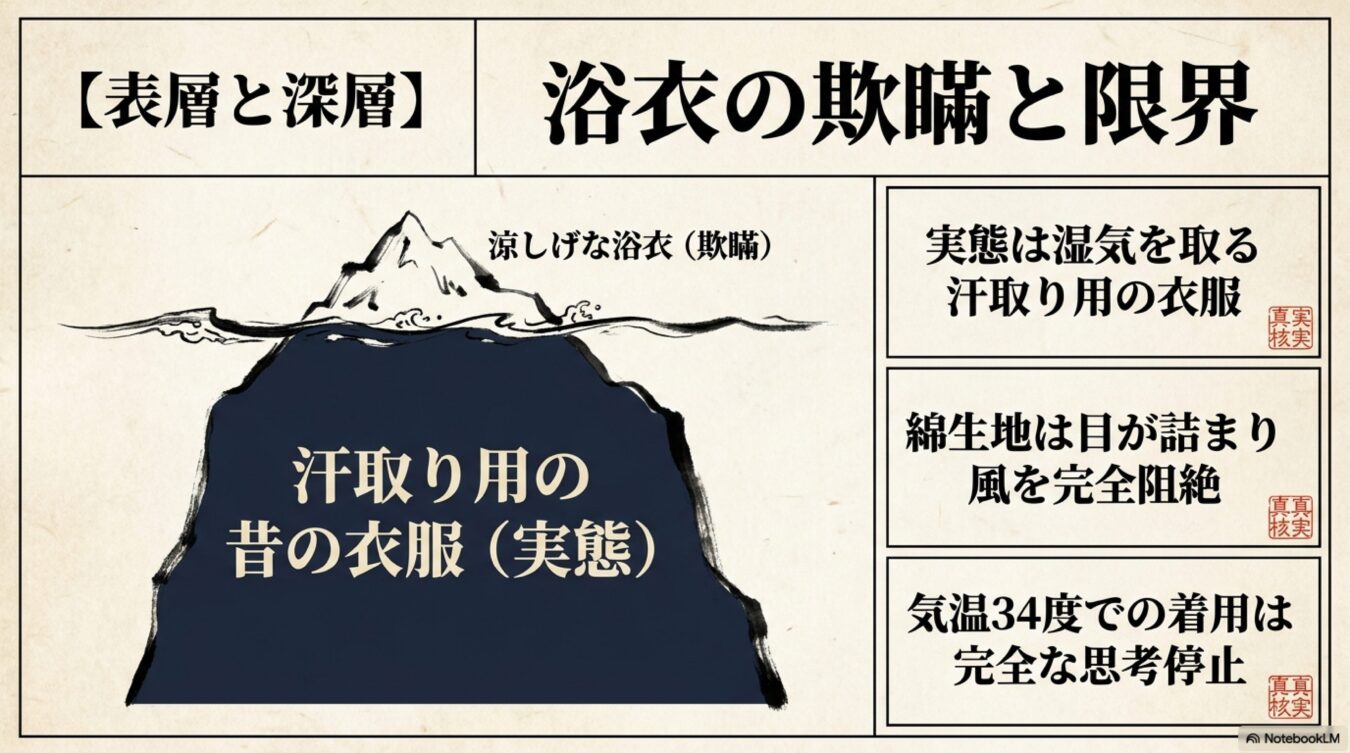浴衣の表層的な涼しさという欺瞞に対し、実際は汗取り用であり通気性が低いという本来の役割と限界を氷山モデルで解説した図。