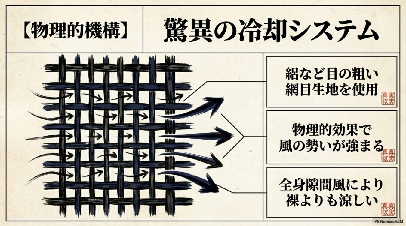 目の粗い網目生地を通り抜けることで風の勢いが増し、全身に隙間風を送ることで裸よりも涼しくなる冷却システムの仕組み。