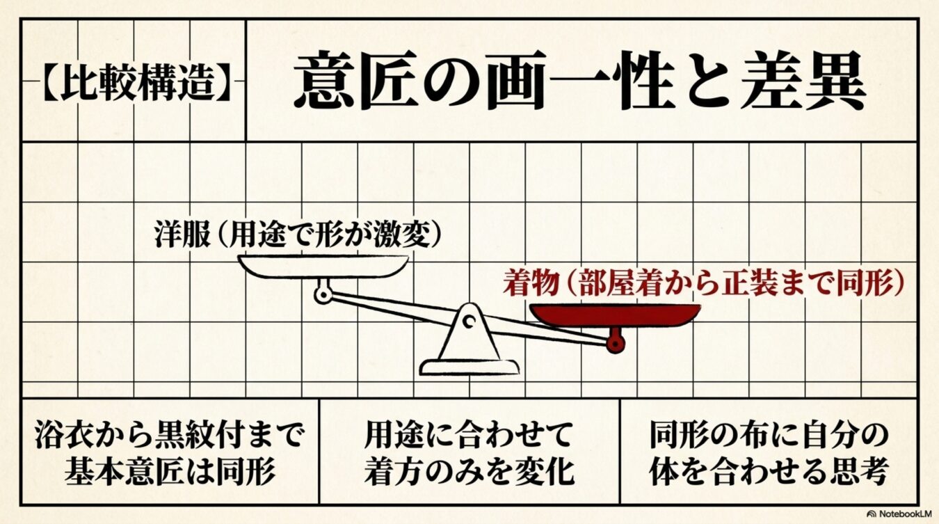 用途で形が激変する洋服と、同形で着方を変える着物の意匠的な違いを比較図で示している。着物は浴衣から黒紋付まで基本同形で、布に体を合わせる思考であることを説明する。