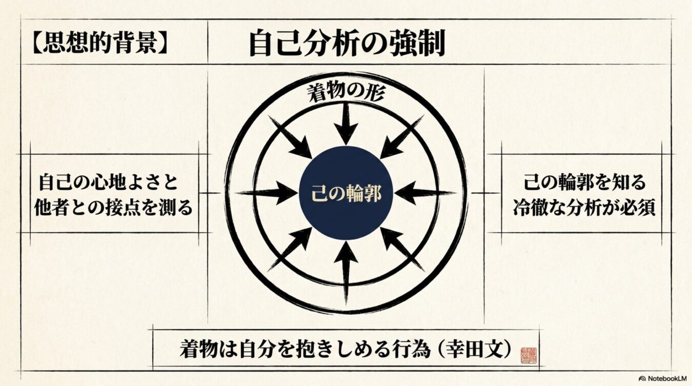 自己分析の強制をテーマに、着物の形が己の輪郭を形作る様子と、他者との接点や冷徹な分析の重要性、幸田文の思想を図解したもの。