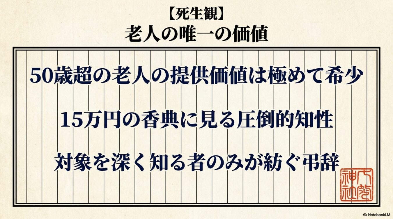 【死生観】老人の唯一の価値として、50歳を超えた老人の希少な提供価値と、15万円の香典に見る知性や弔辞の重要性を説くメッセージ。