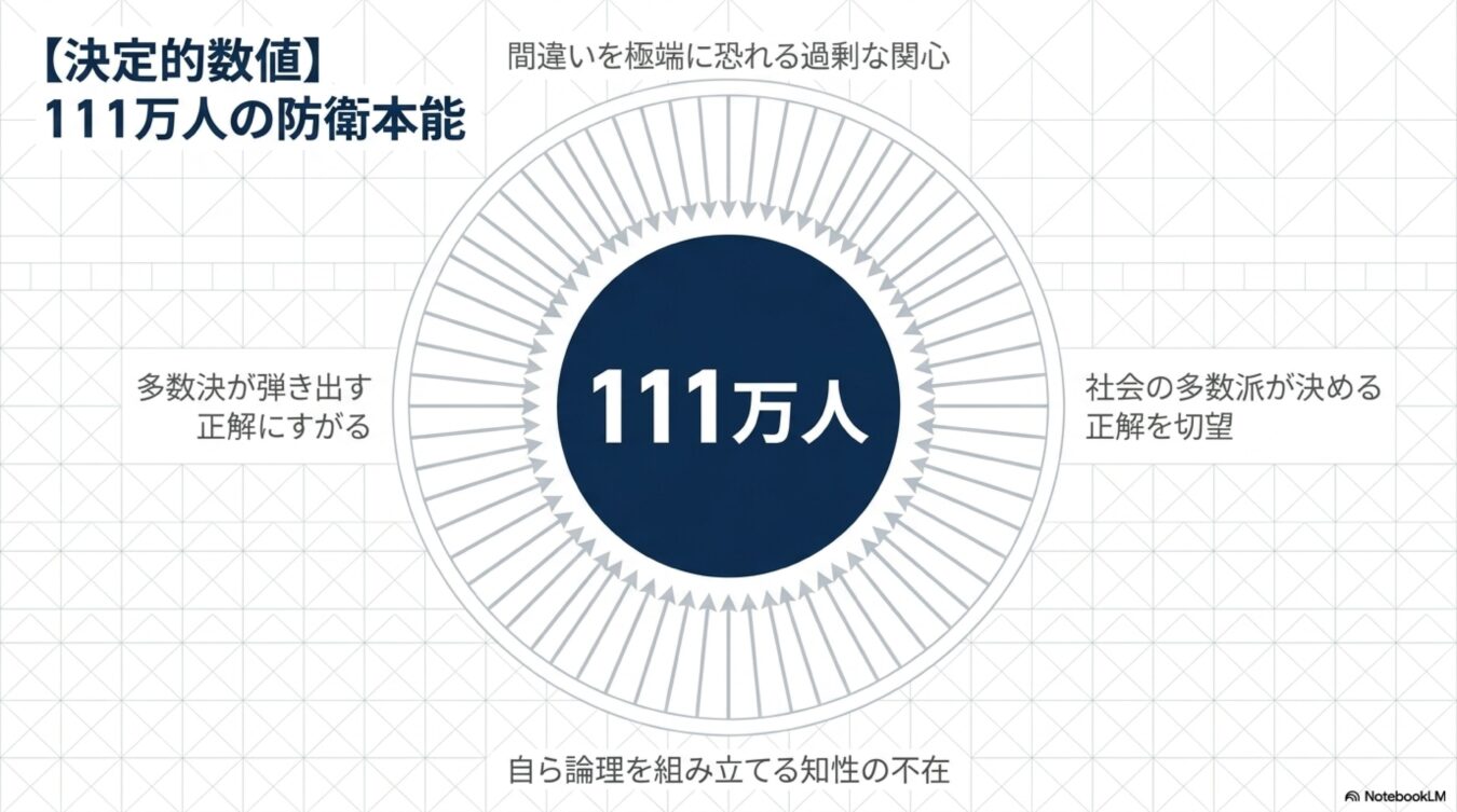 111万人という数値を中央に配置し、周囲に多数派の意見へ依存する心理や論理的思考の欠如といった防衛本能のメカニズムを図解した資料。