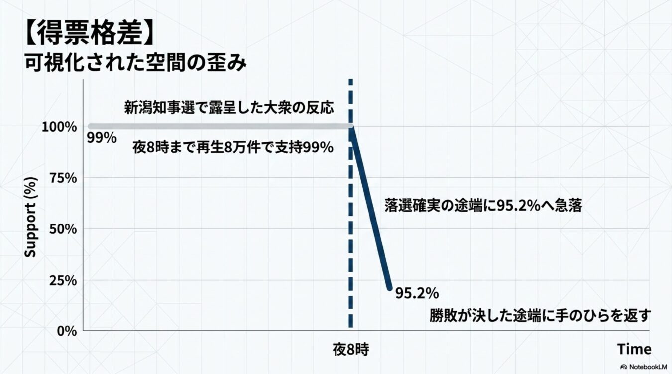 新潟知事選における支持率の推移グラフ。夜8時の落選確実を境に、支持率が99%から95.2%へと急落する様子と、有権者の反応の変化が示されている。