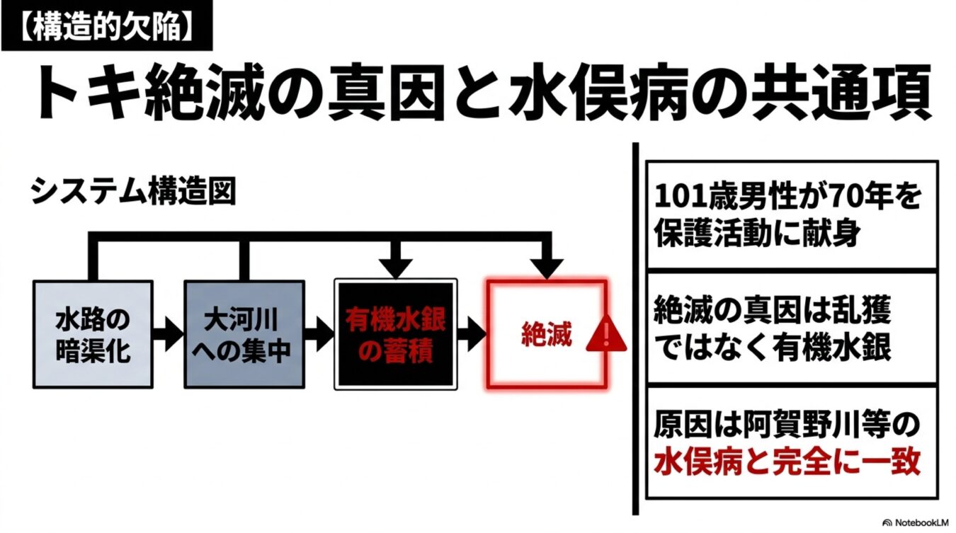 トキ絶滅の真因が乱獲ではなく有機水銀の蓄積であり、水俣病の原因と共通していることを示す構造図と解説文。