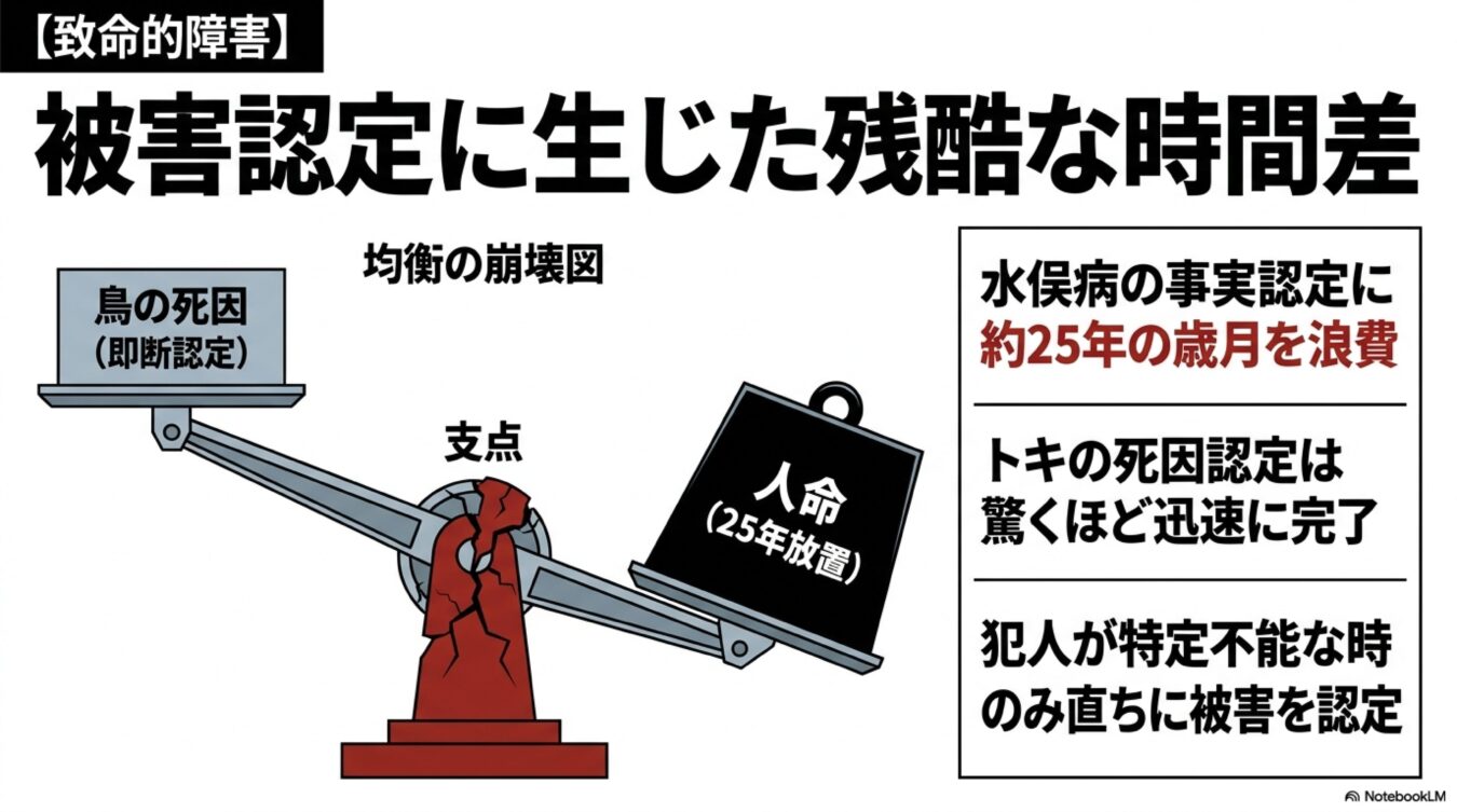 水俣病の事実認定に25年を要した一方、鳥の死因は迅速に認定されたという不均衡を天秤の図で批判的に表現している。