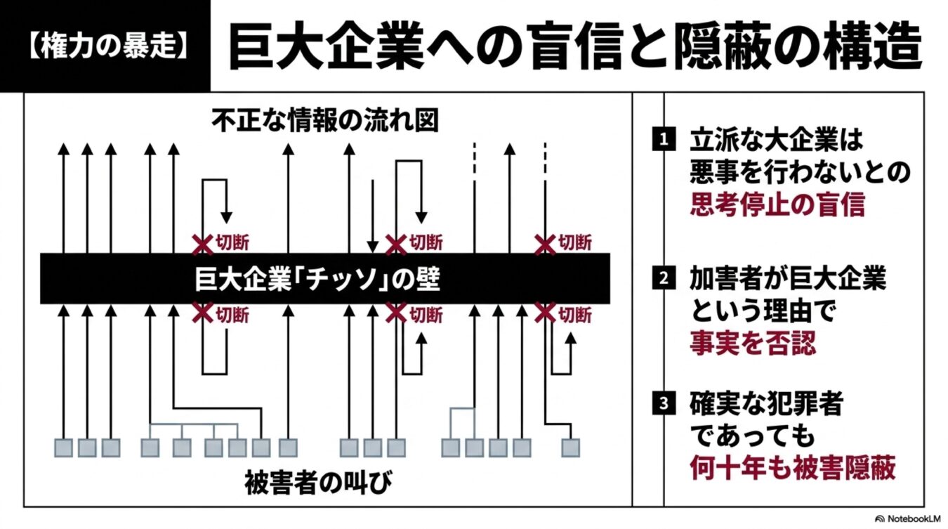 巨大企業による不正隠蔽の構造図。被害者の訴えが巨大企業チッソの壁によって遮断され、盲信により事実が否定され続ける社会問題を示す図解。