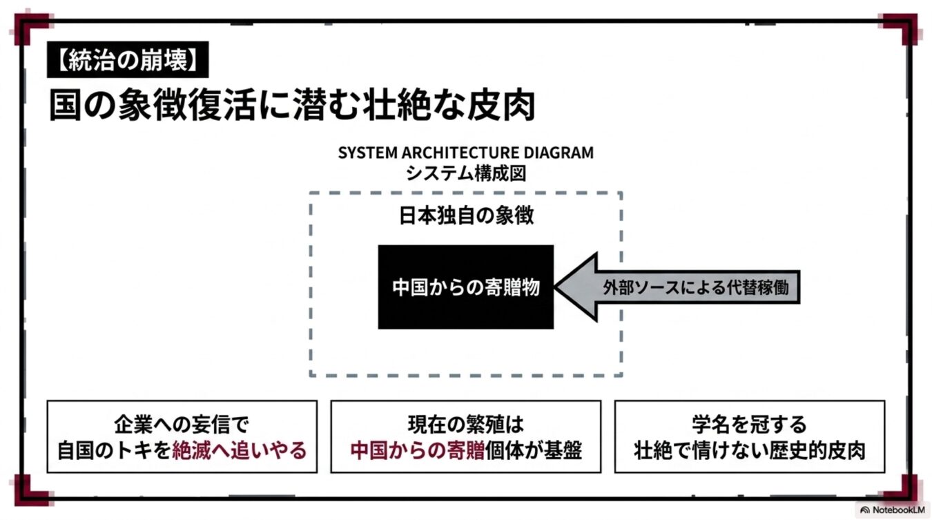 統治の崩壊:国の象徴復活に潜む壮絶な皮肉と題し、日本独自の象徴であるトキの復活が中国からの寄贈に依存する歴史的皮肉を解説したシステム構成図。