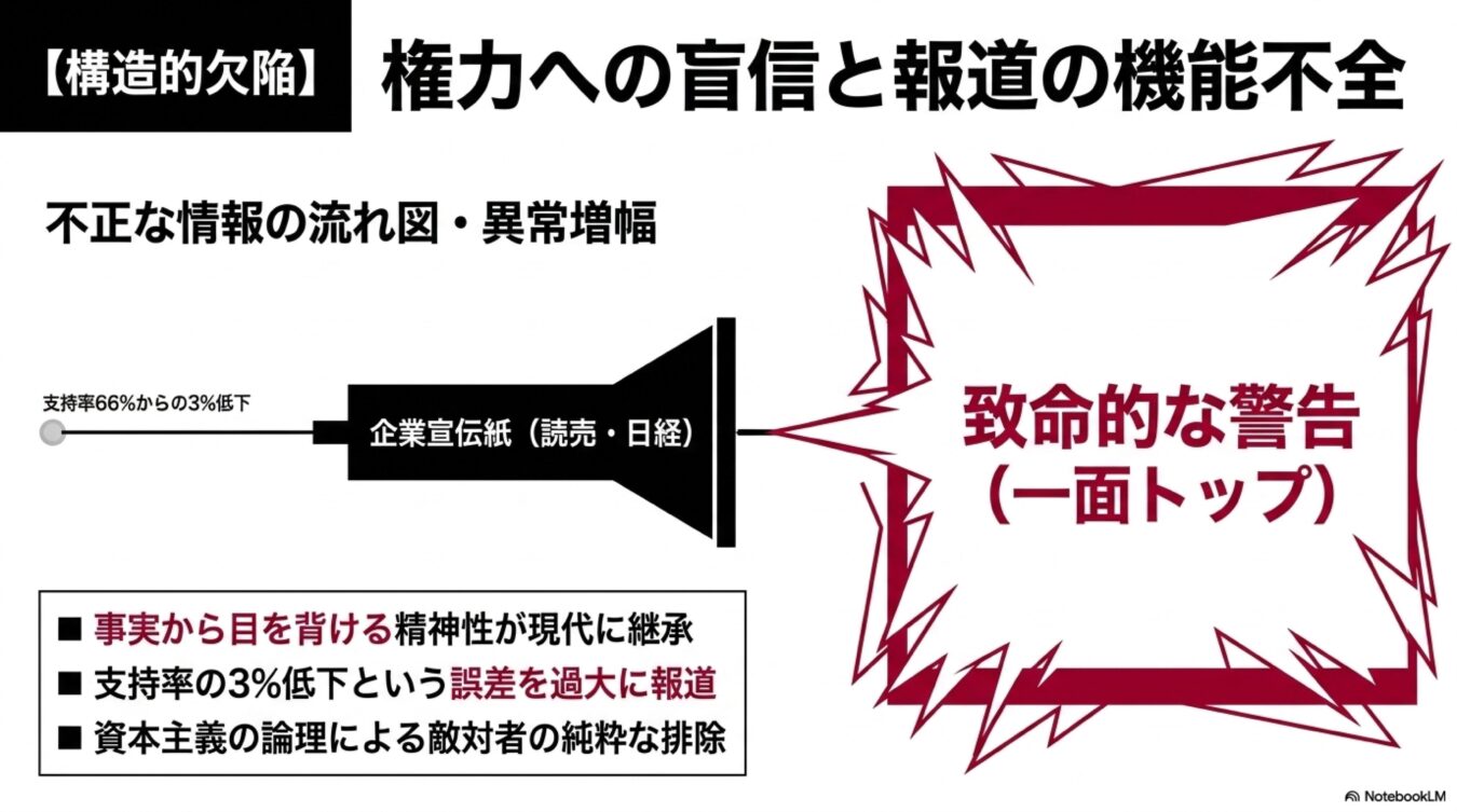 権力への盲信と報道の機能不全をテーマにした図解。支持率のわずかな低下を過大に報じるメディアの構造的な欠陥と、事実を歪めて敵対者を排除するメカニズムを解説している。