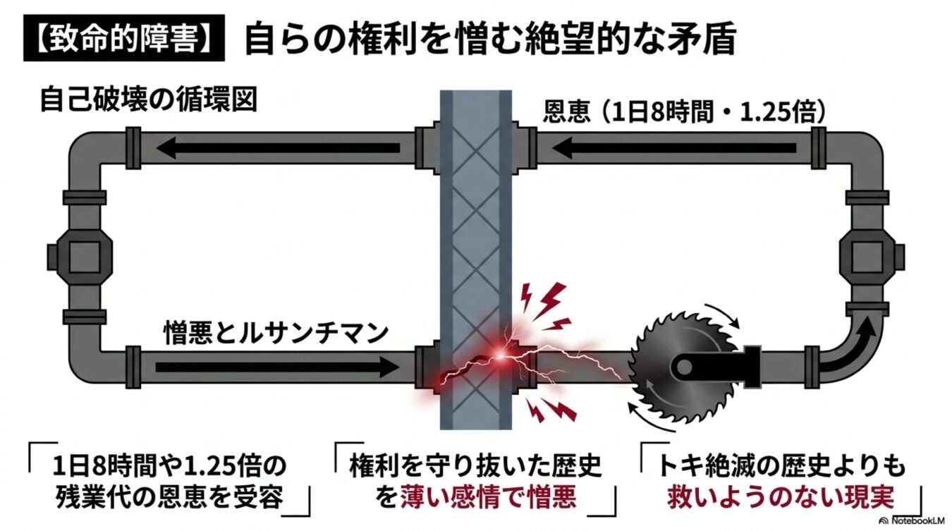 致命的障害と題し、恩恵を受けながら権利を憎むという自己破壊の循環を、配管と鋸の図を用いて表現した概念図。