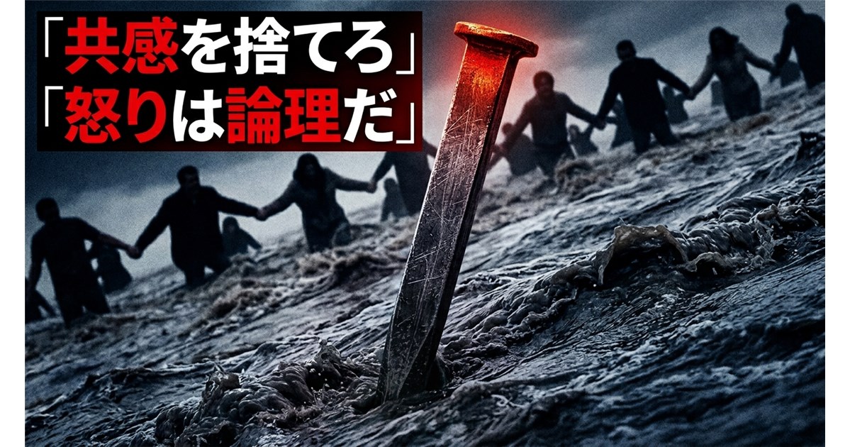 荒れた海で手をつないで歩く人々の背後、燃えるように光る一本の杭が突き刺さり共感を捨てろ怒りは論理だという文字が示されている。