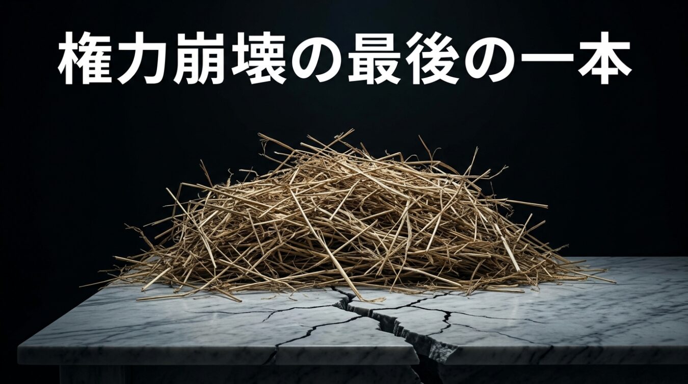 権力崩壊の最後の一本の文字と、中央にひびが入った大理石の上に積まれた乾いた藁の山。