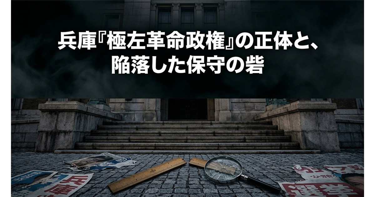 兵庫『極左革命政権』の正体と、陥落した保守の砦というタイトルの背景に、庁舎前で割れた虫眼鏡と折れた定規、散乱する選挙チラシが描かれた画像。
