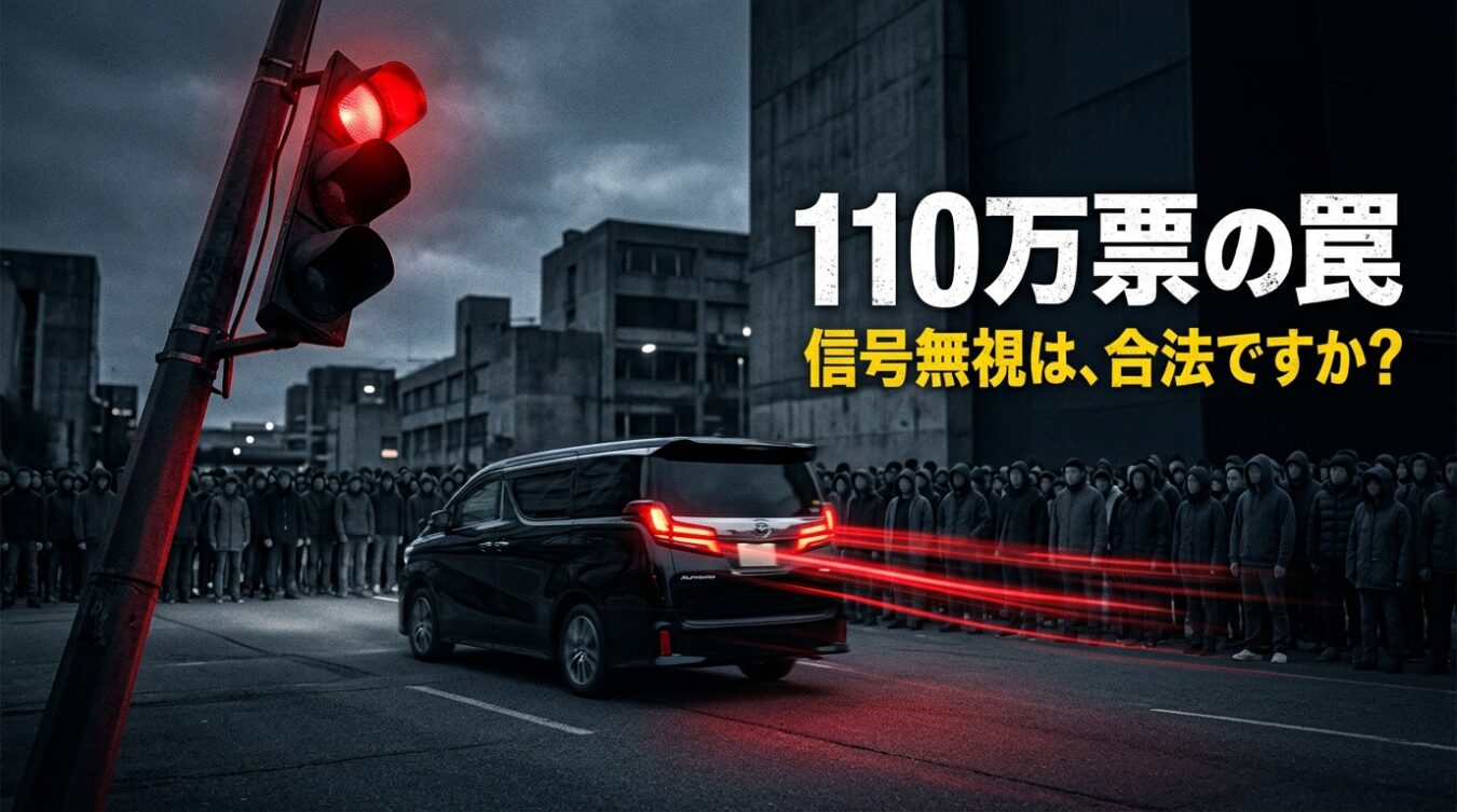 赤信号で停止するミニバンと背後の群衆を背景に、110万票の罠 信号無視は、合法ですか？という文字が記載された画像。