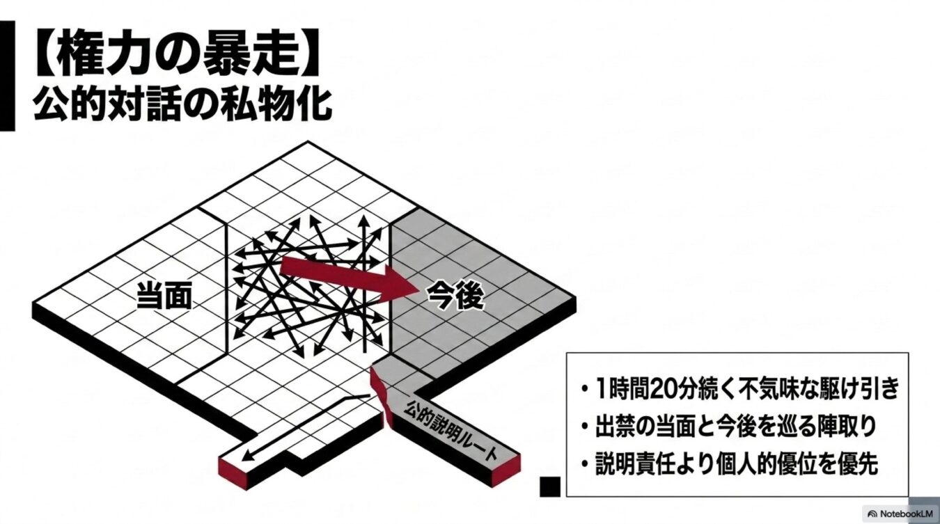 権力の暴走 公的対話の私物化の題で、当面と今後の主導権争いや寸断された公的説明ルートを説明しています。
