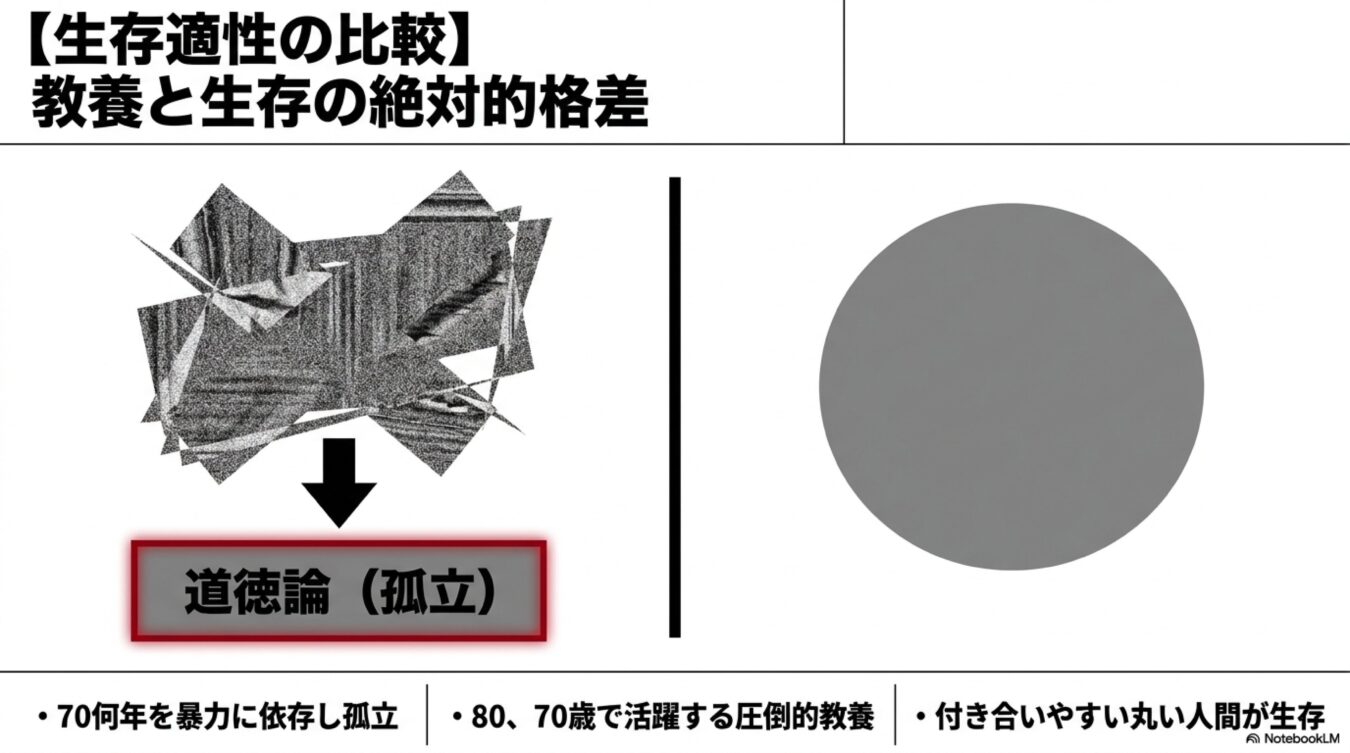 教養と生存の格差を比較し、孤立を招くトゲのある形状と、生存に適した付き合いやすい丸い形状を対比する図。