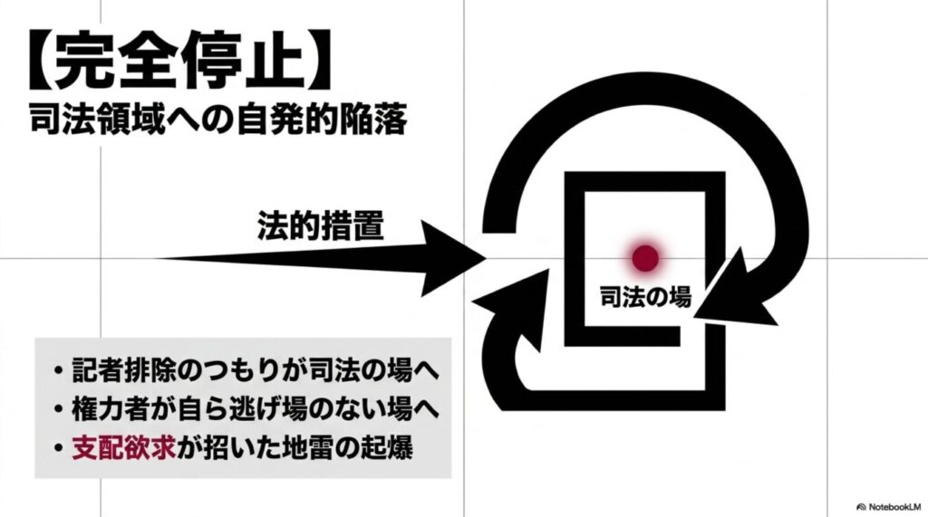 法的措置により自ら司法の場へ追い詰められ完全停止する構図を、テキストと矢印の図解で説明したスライド。