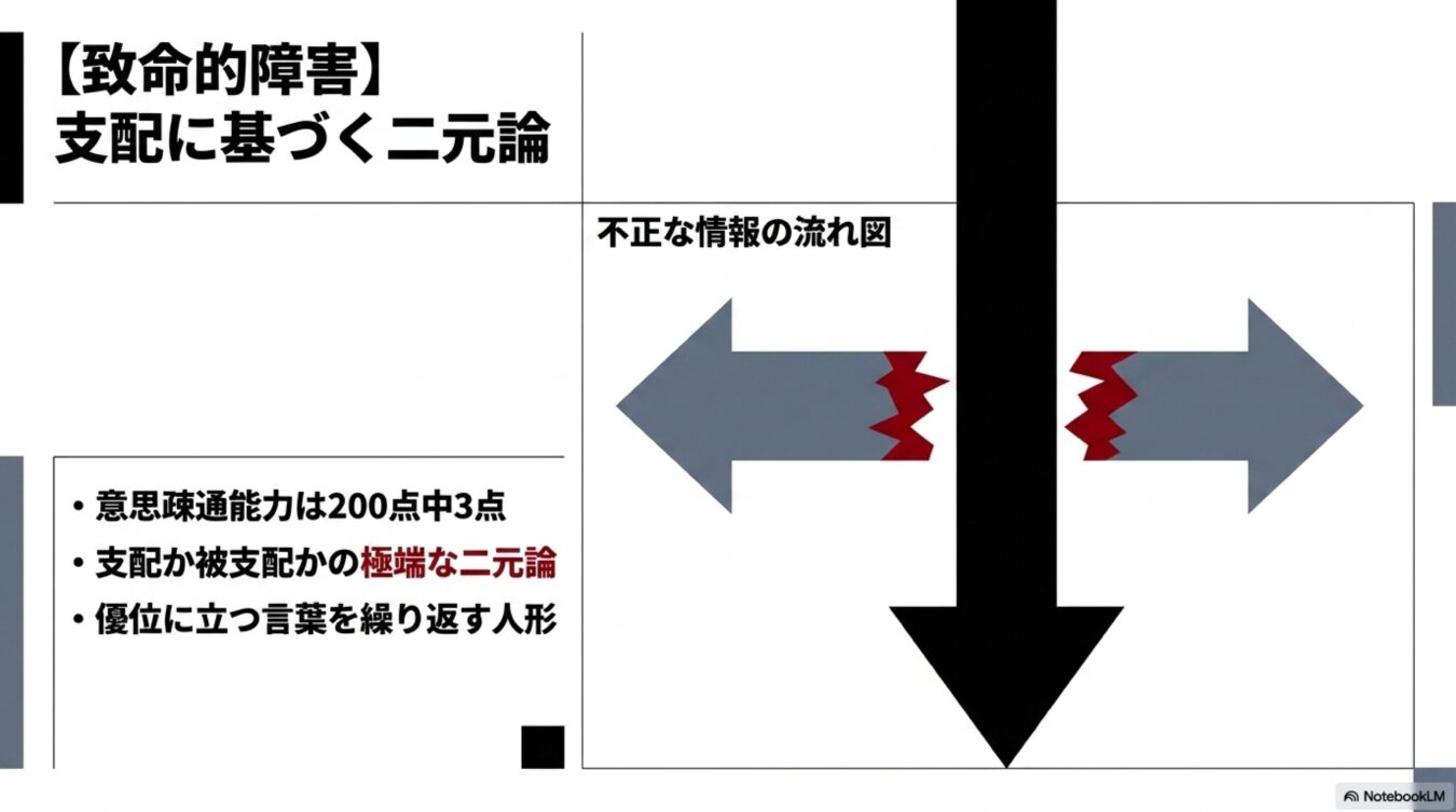 支配に基づく二元論という致命的障害について、極端な二元論等の特徴と、左右の伝達が遮断された情報の流れ図。