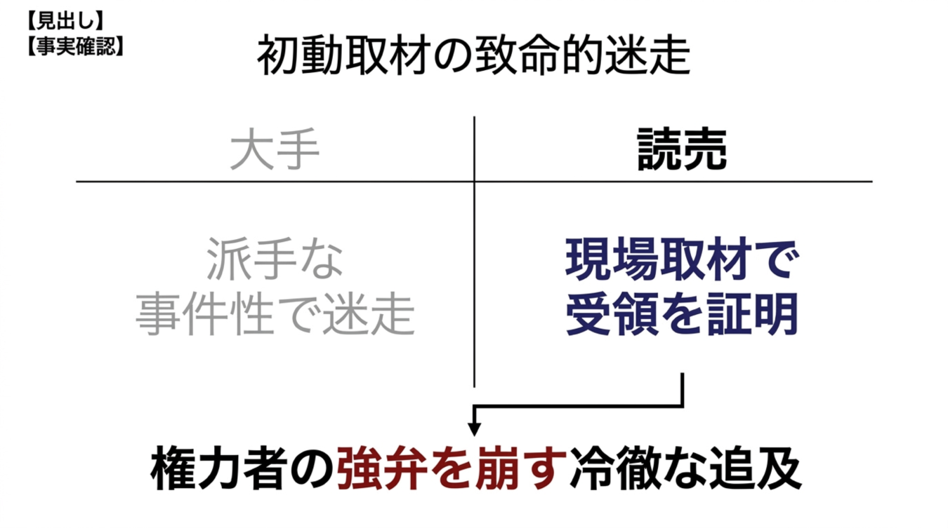 大手メディアの初動取材の迷走と、現場取材で受領を証明し権力者の強弁を崩す読売新聞の対比を示した図解