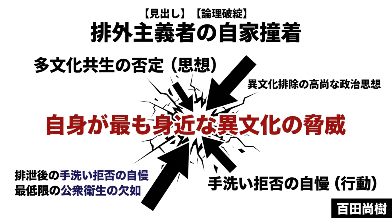 排外主義者の論理破綻を風刺する図解。多文化共生の否定と公衆衛生の欠如を指摘するテキストと矢印が配置されている。
