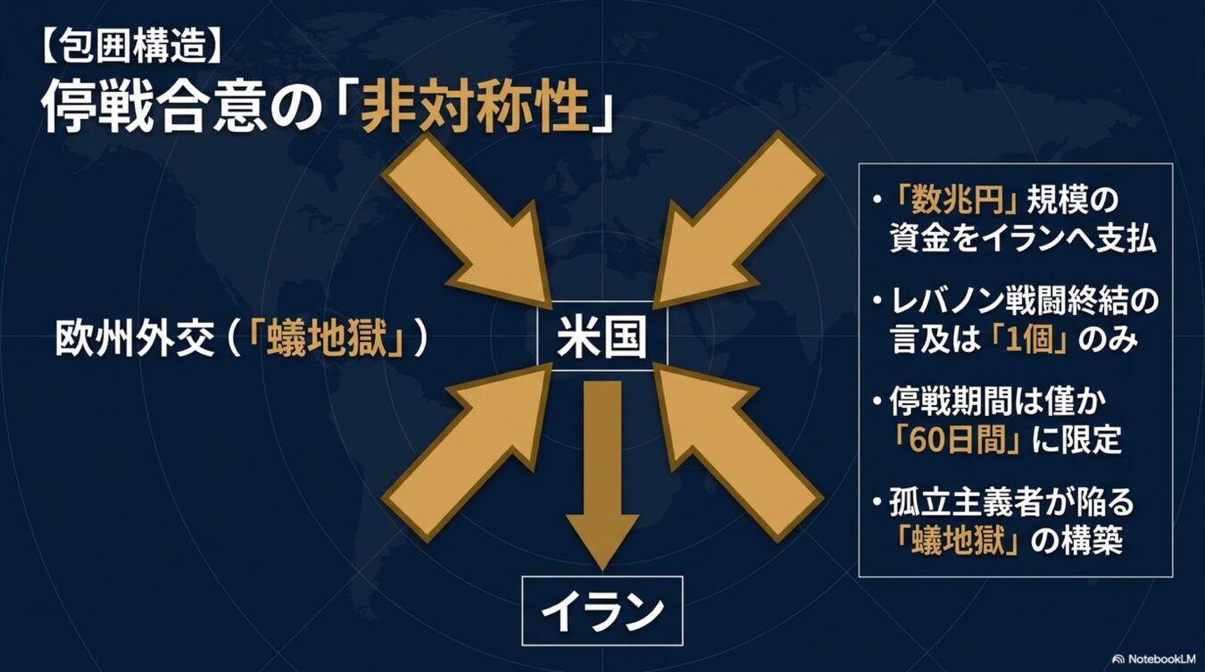 停戦合意における米国の非対称性を図解。資金提供や限定的な停戦期間など、欧州外交が陥る蟻地獄構造を解説している。