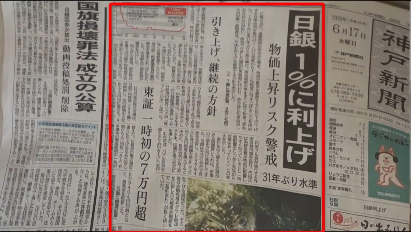 日銀による1%への利上げと物価上昇への警戒、東証の一時7万円突破を大きく報じる神戸新聞の一面記事。