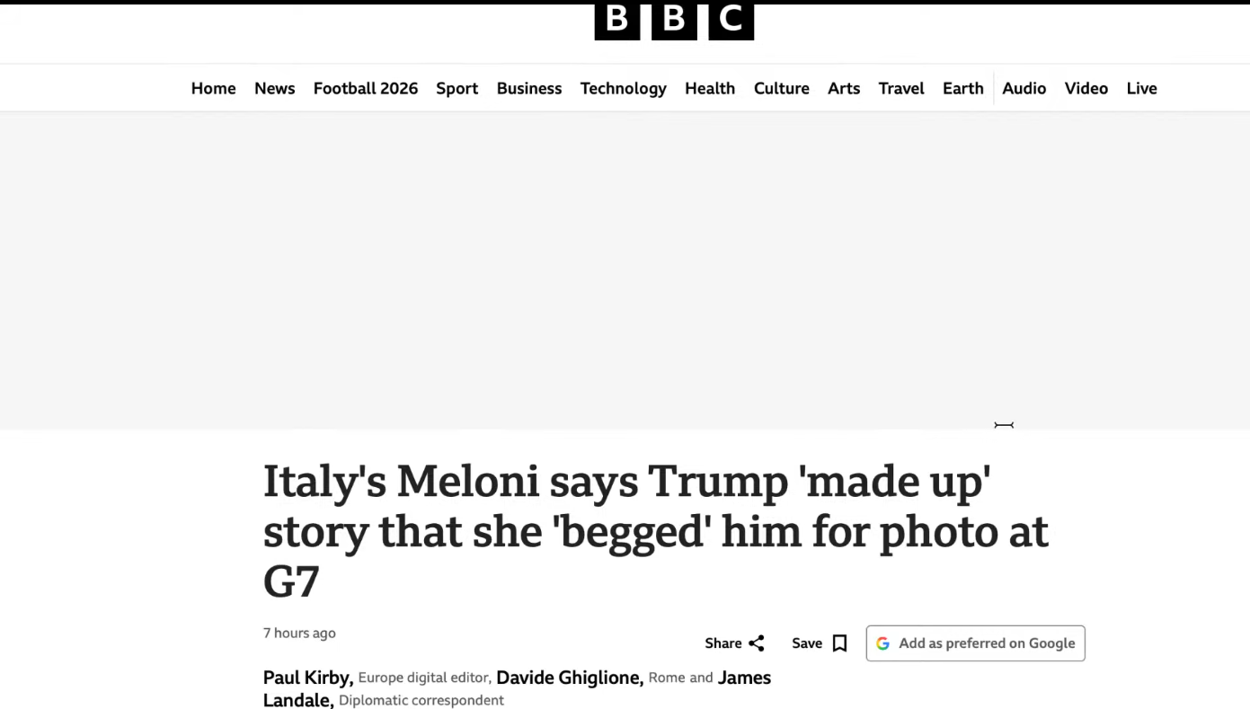 メローニ伊首相がトランプ氏の『写真懇願』発言を否定したと報じるBBCニュースのウェブサイト画面