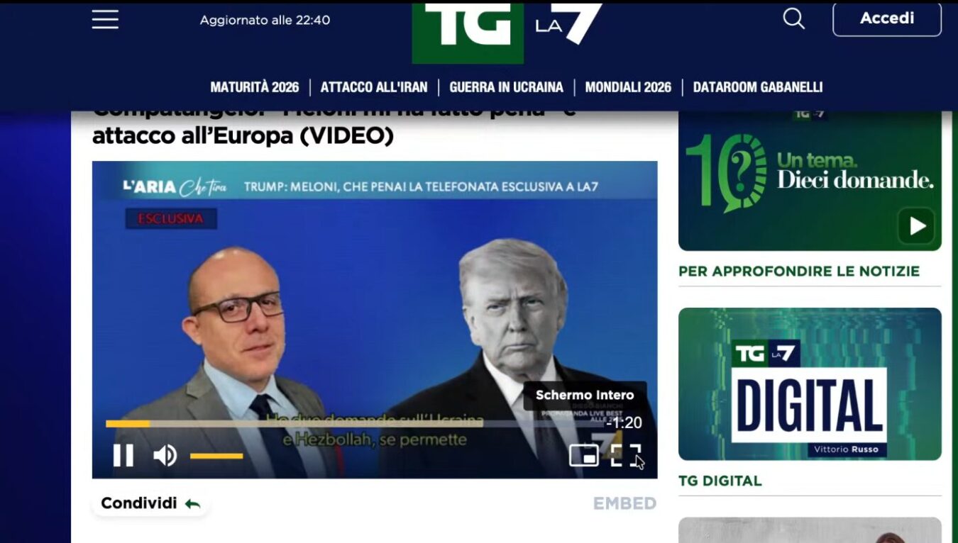 イタリアのニュースサイトTG LA7におけるトランプ氏に関する報道動画の再生プレイヤー画面。