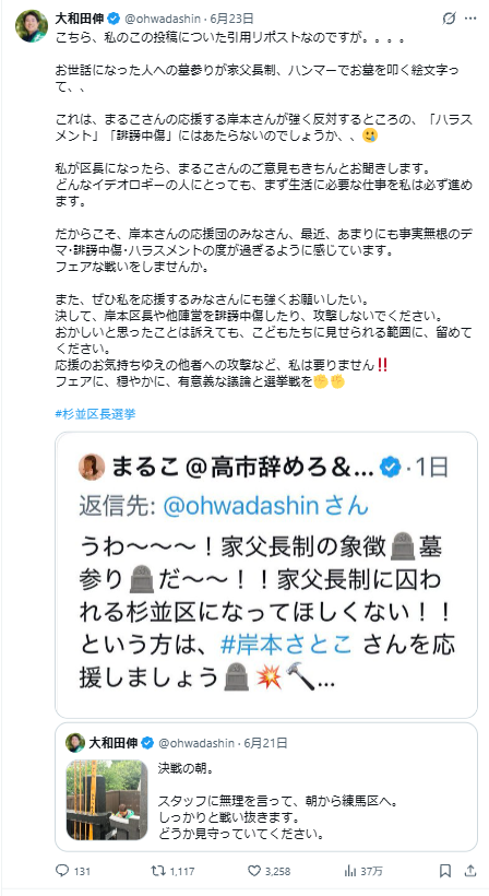 大和田伸氏が自身の投稿に対する誹謗中傷的だと感じる引用リポストを提示し、公正な選挙戦を呼びかけているSNS投稿。