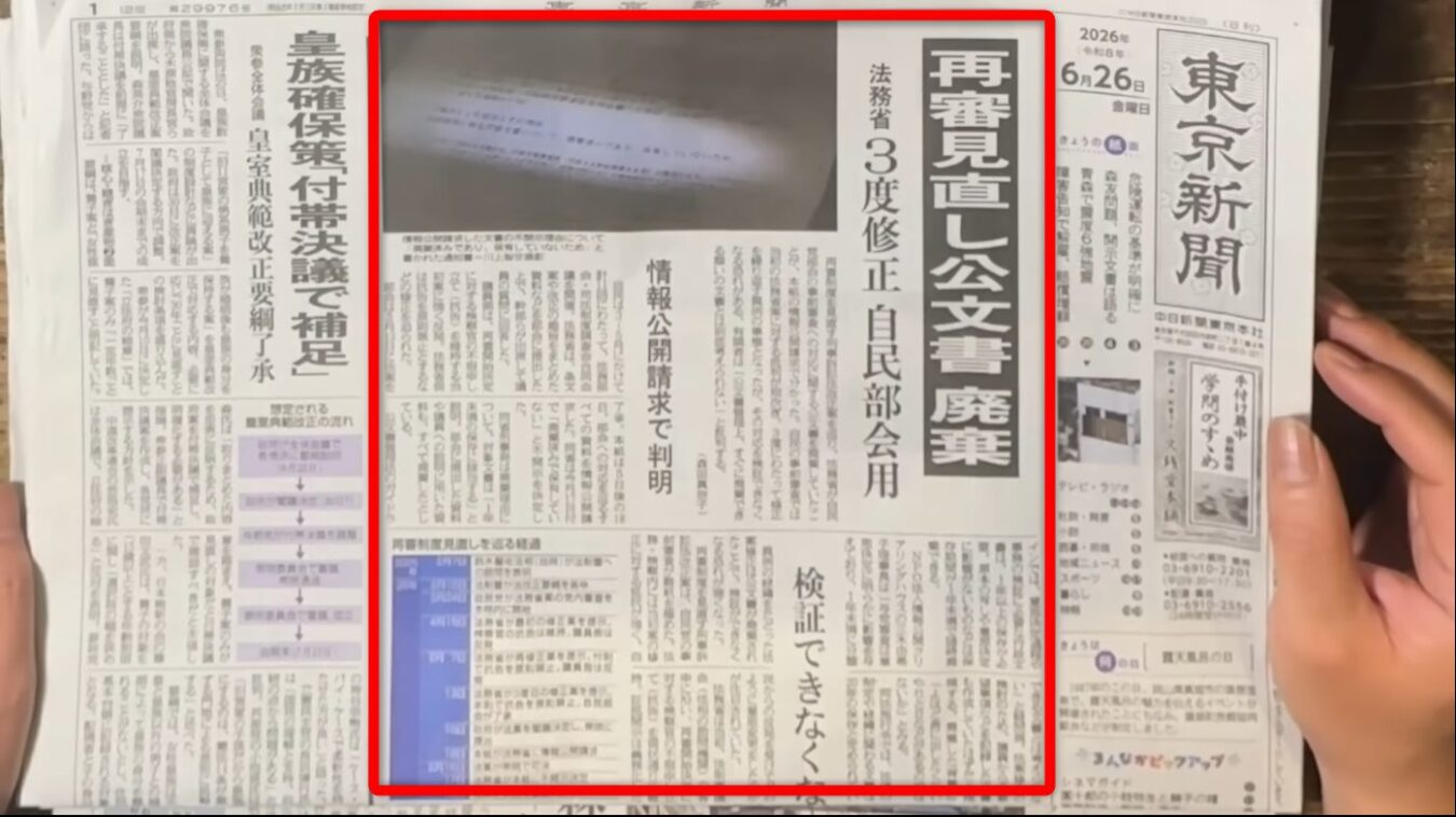 東京新聞の紙面。再審見直し 公文書廃棄 法務省3度修正 自民部会用の大見出しや、皇室典範改正要綱了承に関する記事が掲載されています。