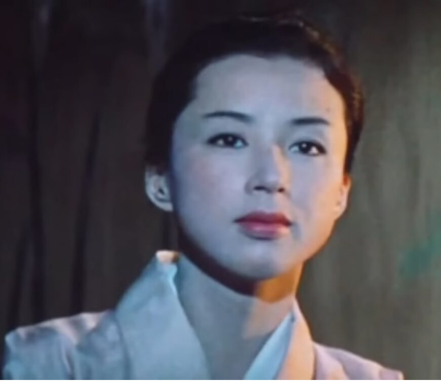 和服を身にまとい、落ち着いた表情でまっすぐ前を見つめる日本の女性の上半身。