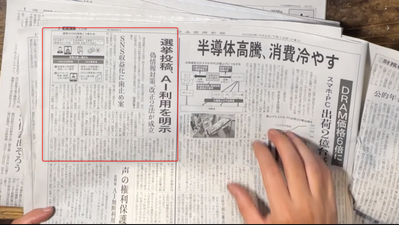 選挙でのSNS利用や偽情報対策に関する法改正について報じる新聞記事が赤枠で囲まれている