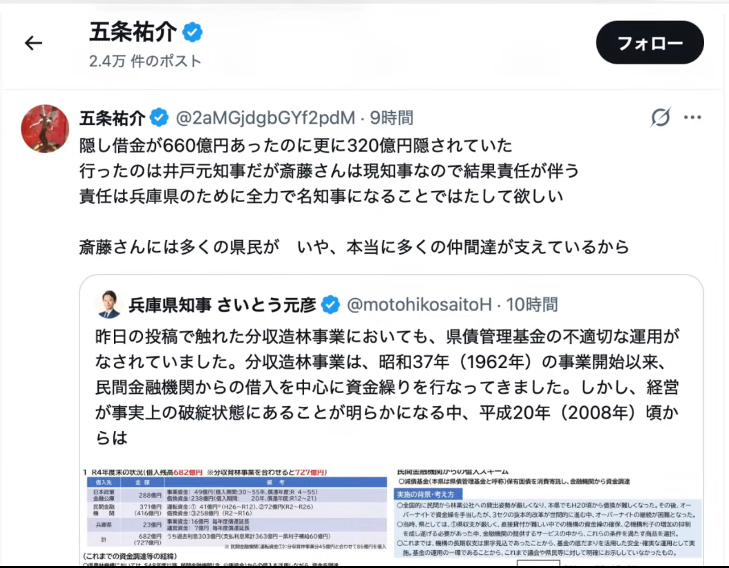 兵庫県知事のSNS投稿とその引用リポストのスクリーンショット