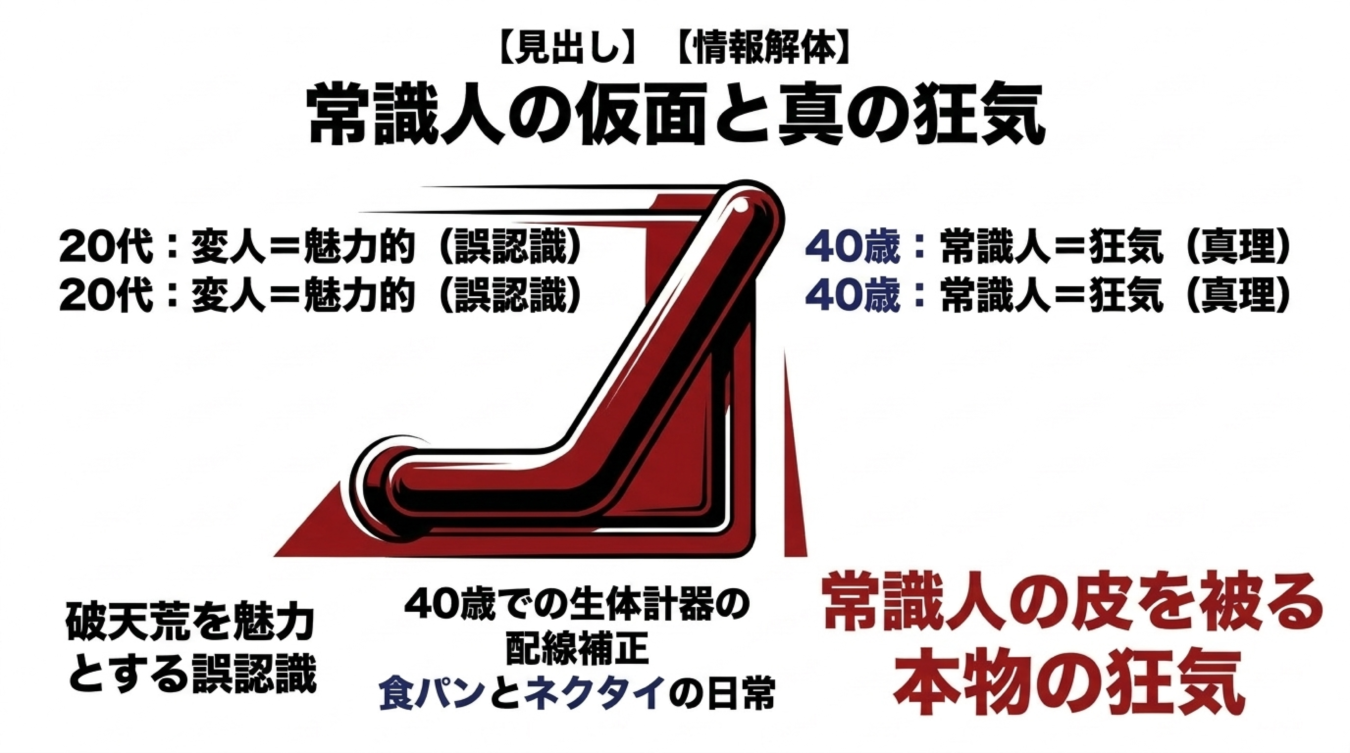 常識人の仮面と真の狂気というテーマの図解で、20代の変人と40歳の常識人の違いを描いた画像
